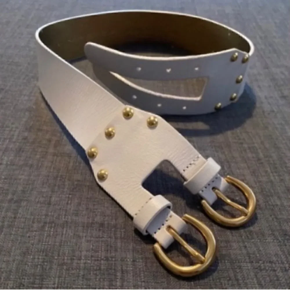 Via Spiga White and Gold Leather Belt with Studs - Size S